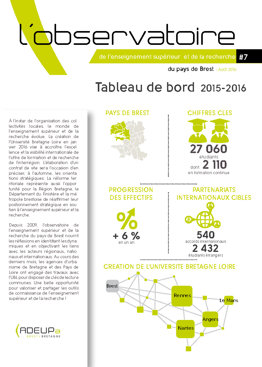 Tableau de bord 2015-2016 de l’enseignement supérieur et de la recherche dans le Pays de Brest